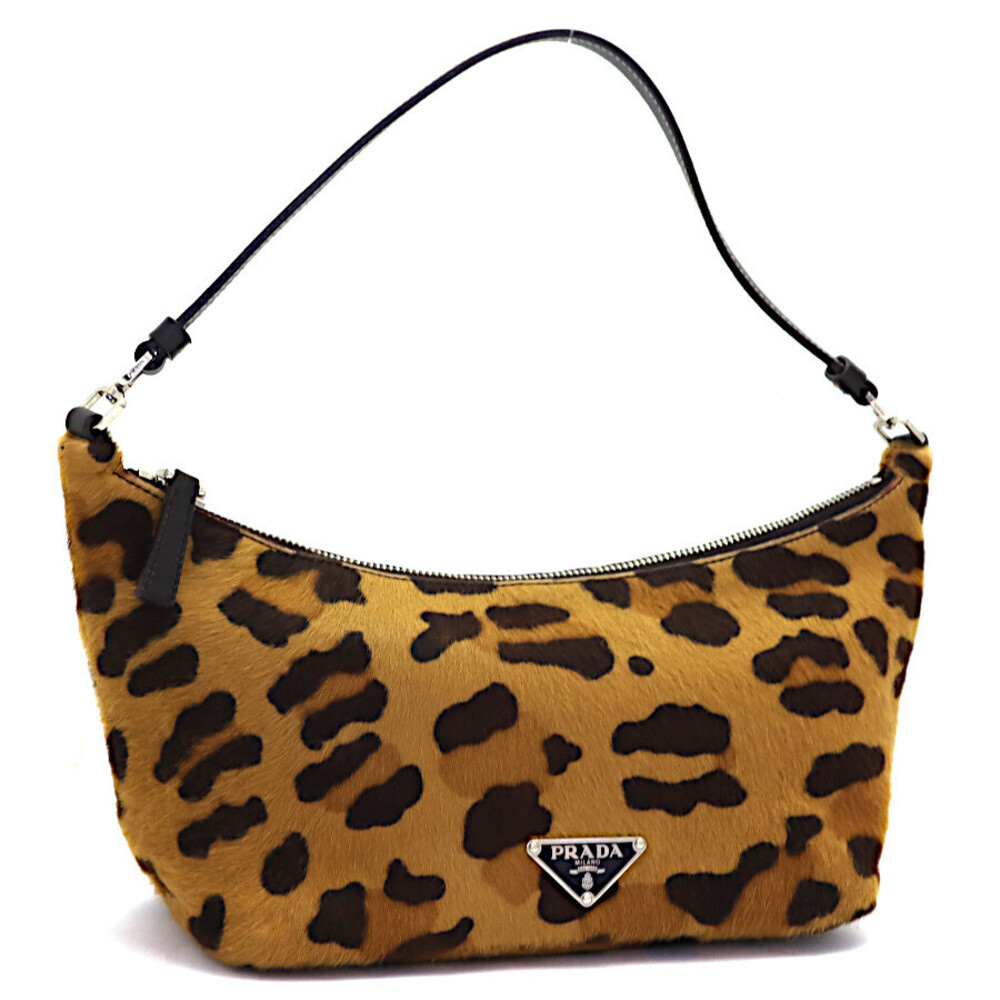 Prada Handbag Triangle Logo Leopard Calf Hair Leather Brown